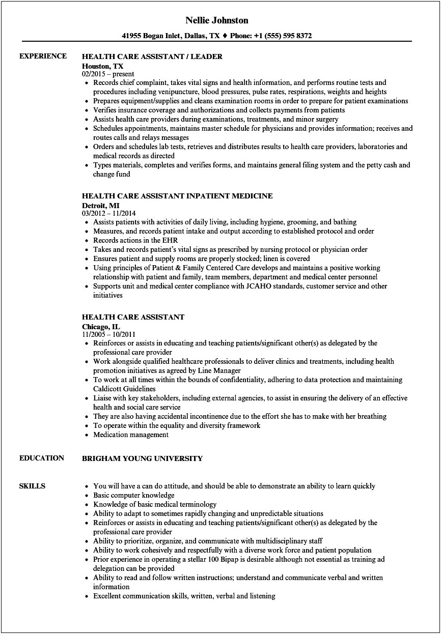 Care Assistant Job Description For Resume