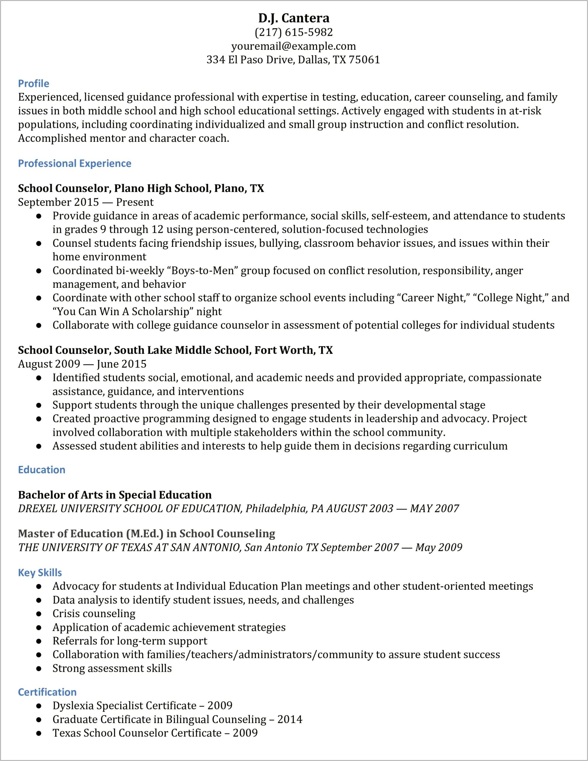 Career Counselor Job Description For Resume