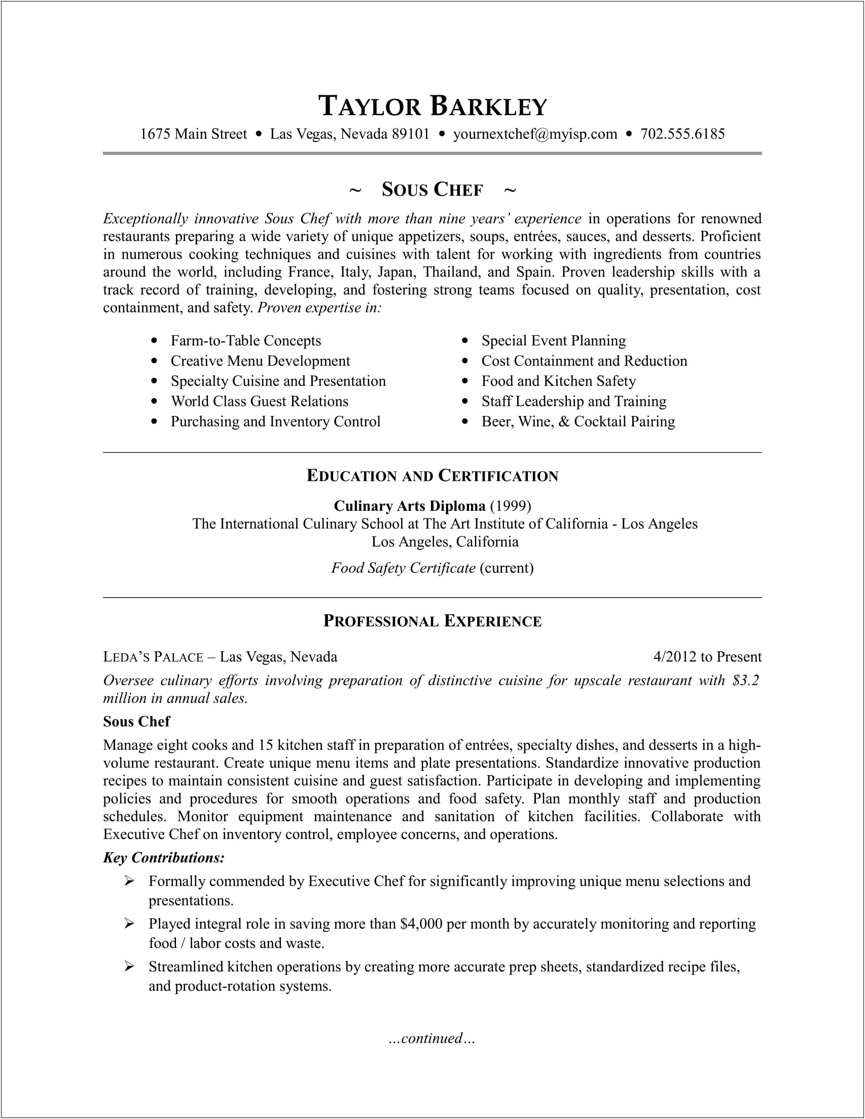 Career Objective Examples For Chef Resume