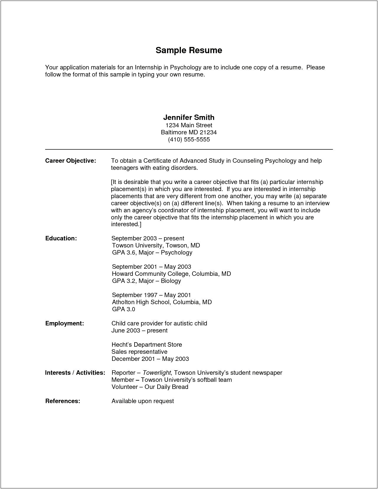 Career Objective Examples On Resume Psychology