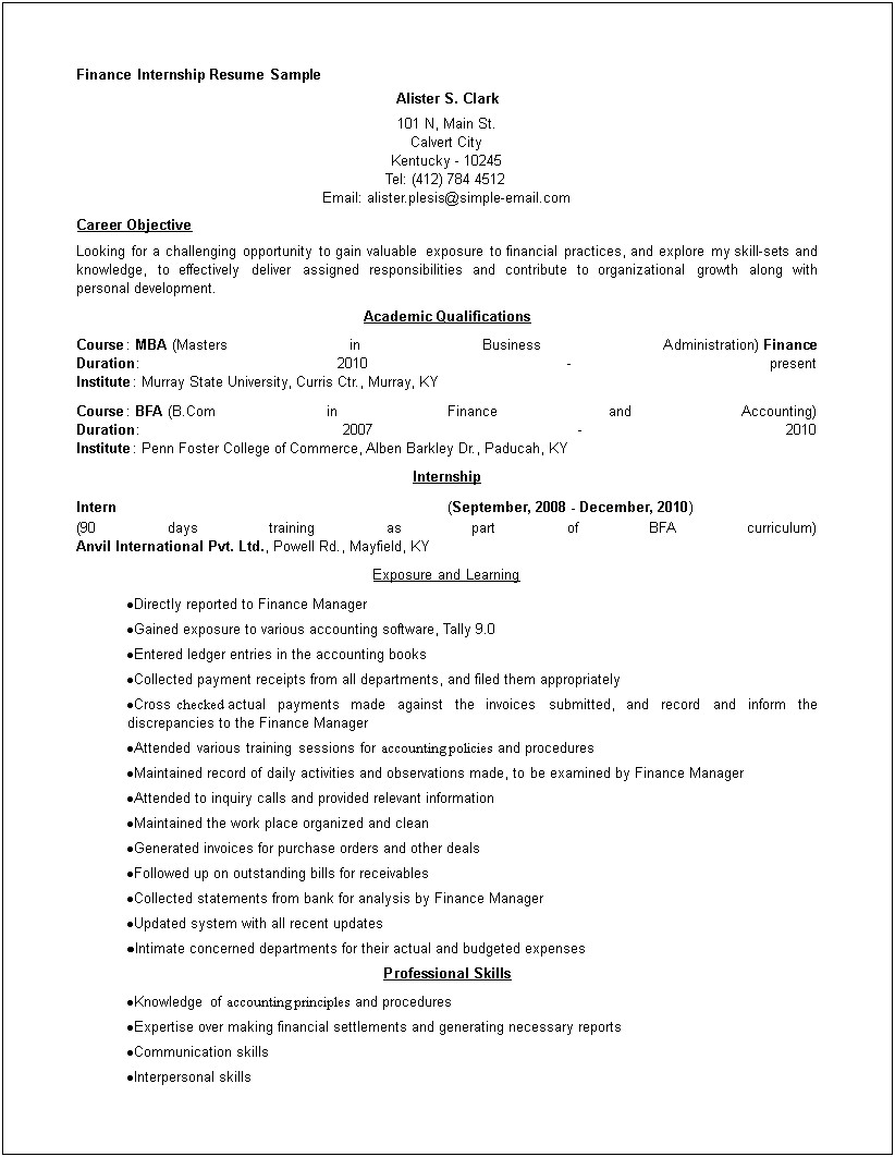 Career Objective For A Finance Resume
