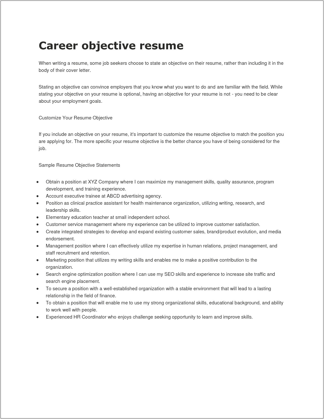 Career Objective For Finance Job Resume