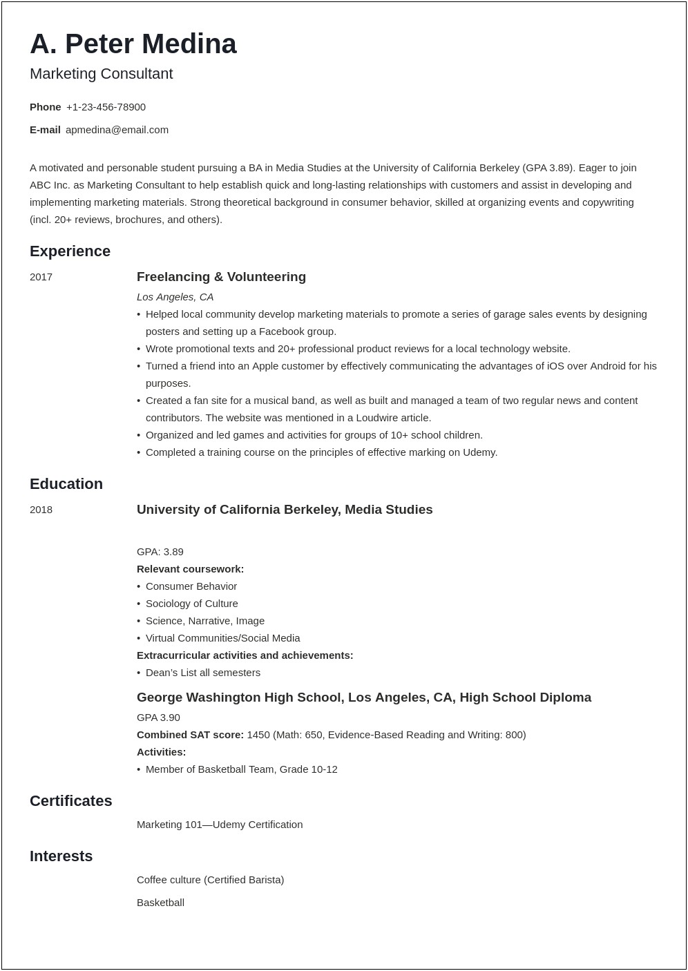 Career Objective For High School Student Resume