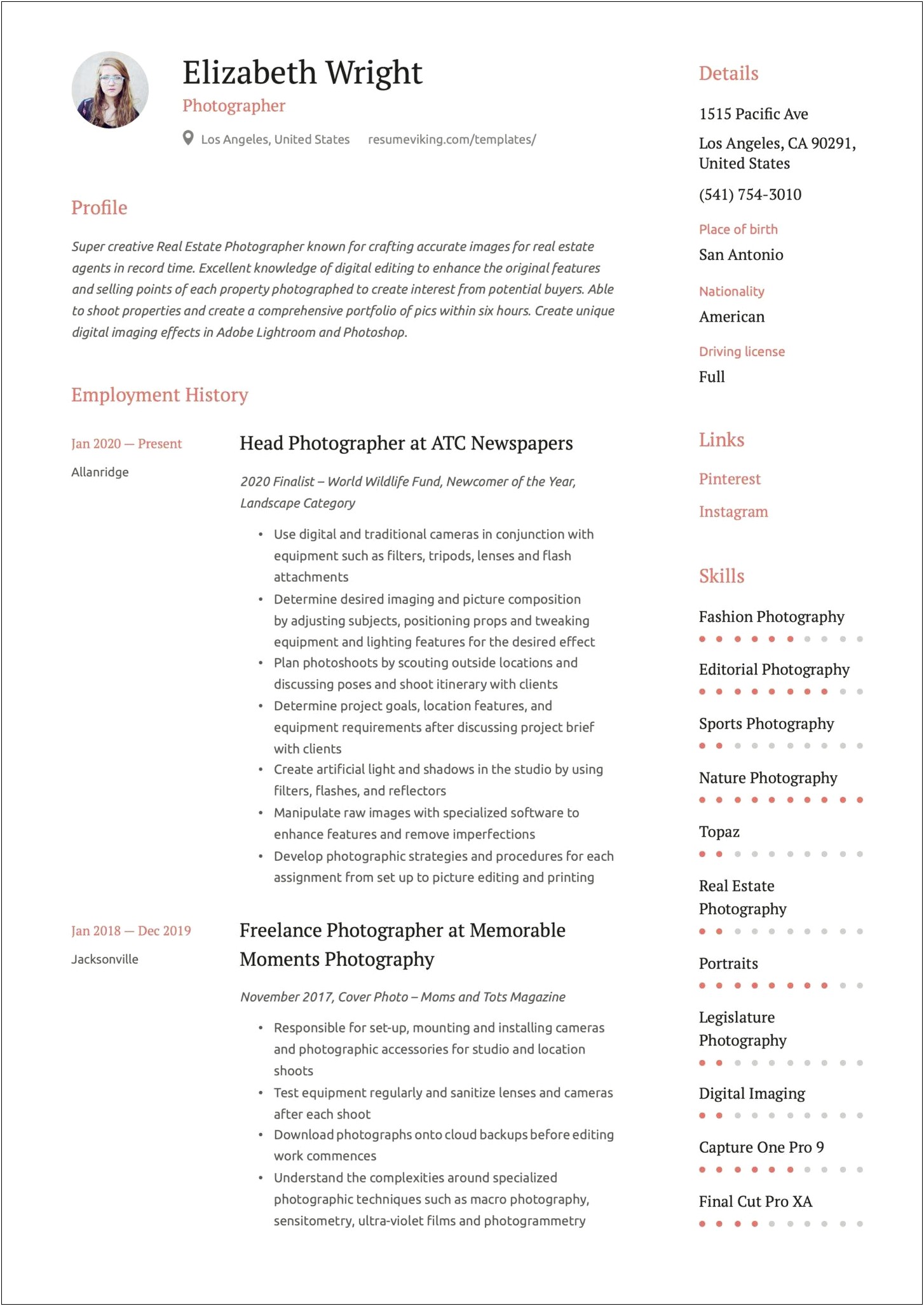 Career Objective For Resume For Photographer
