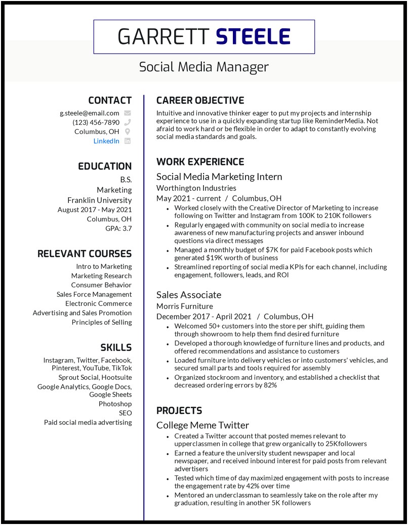 Career Objective For Social Media Resume