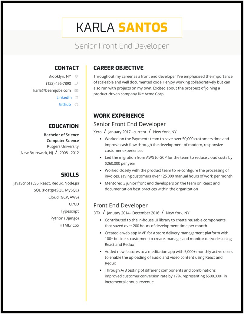 Career Objective In Resume For Experienced Developer