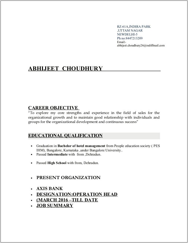 Career Objectives In A Resume For Fresher