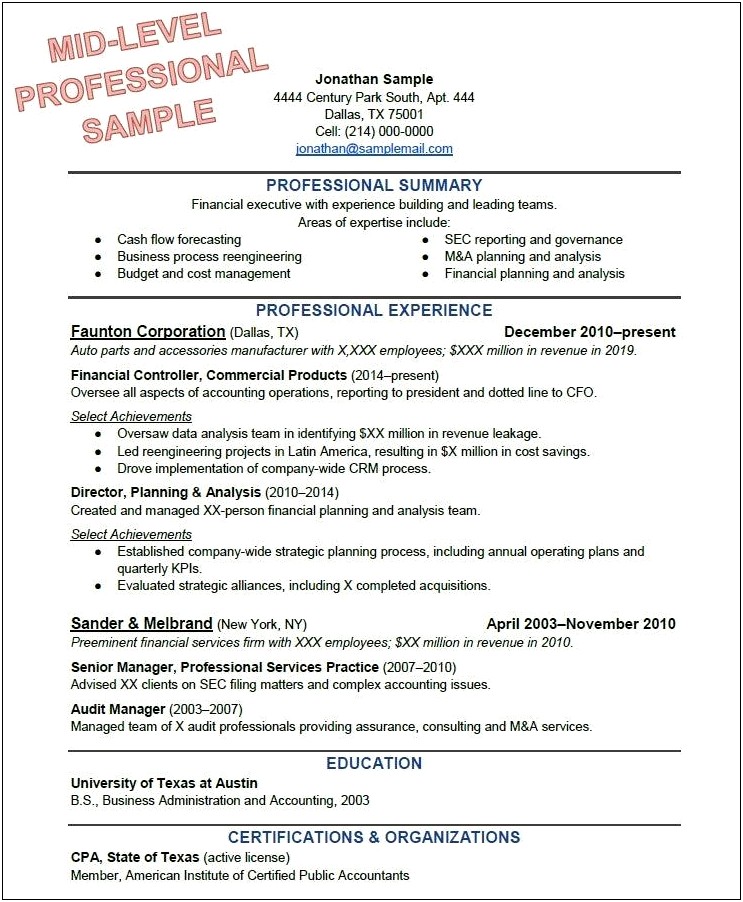 Career Summary Resume For Experienced Professionals