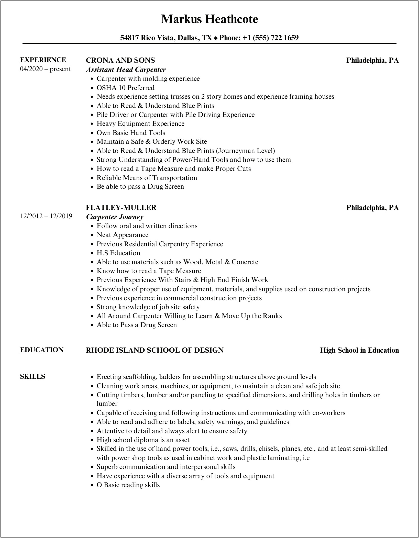 Carpenter Apprentice Job Description For Resume