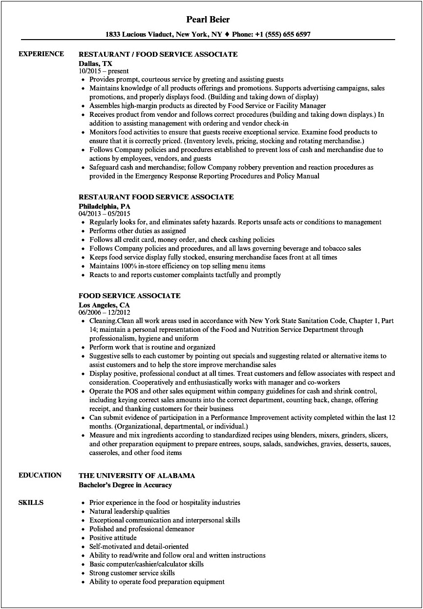 Cashier Food Prep Experience On A Resume