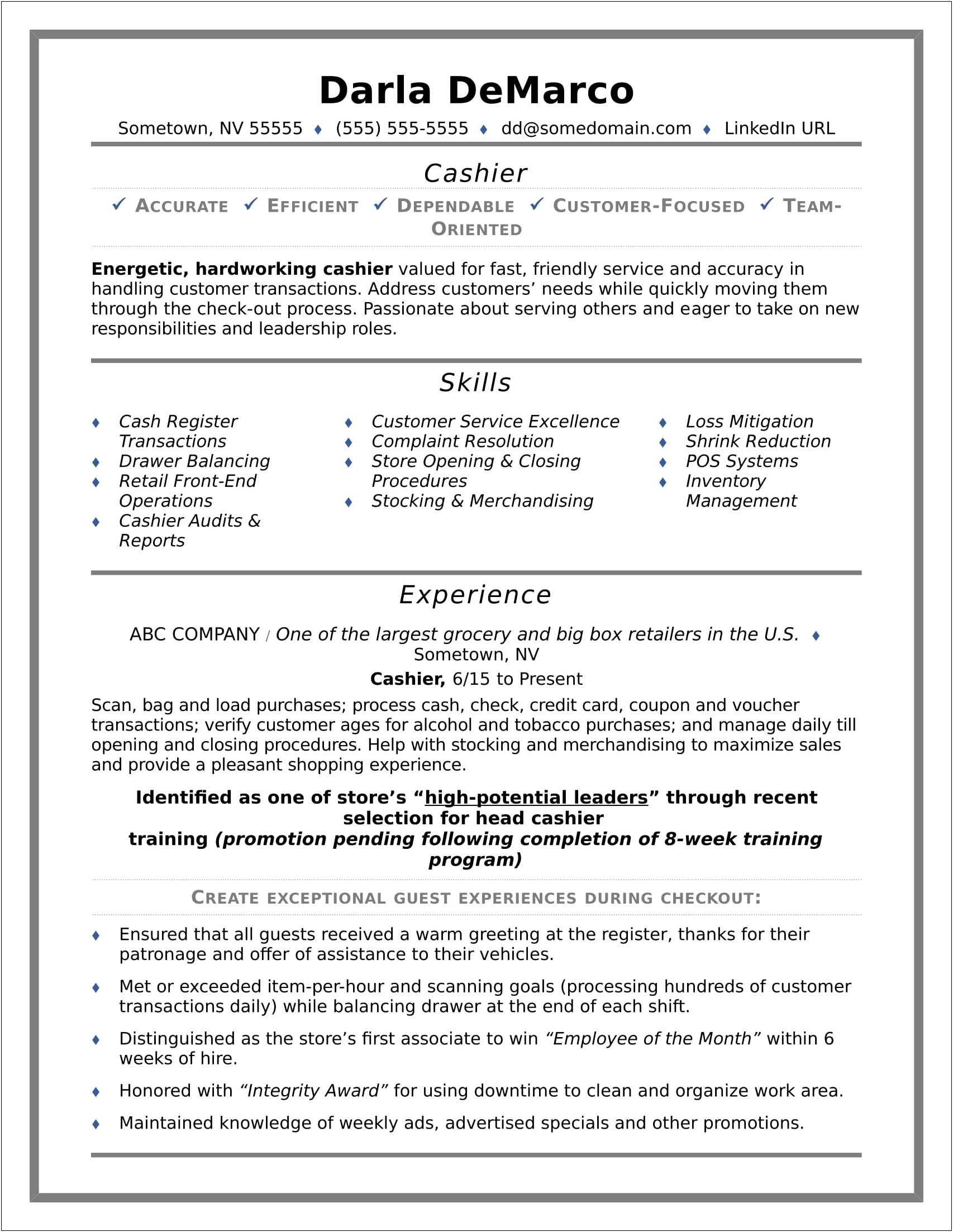 Cashier For Grocery Store Resume Sample