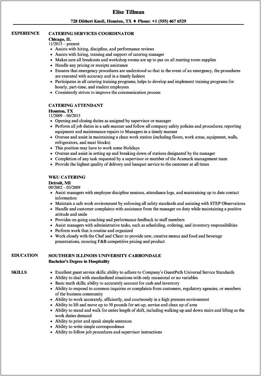 Catering Bar Manager Job Description For Resume