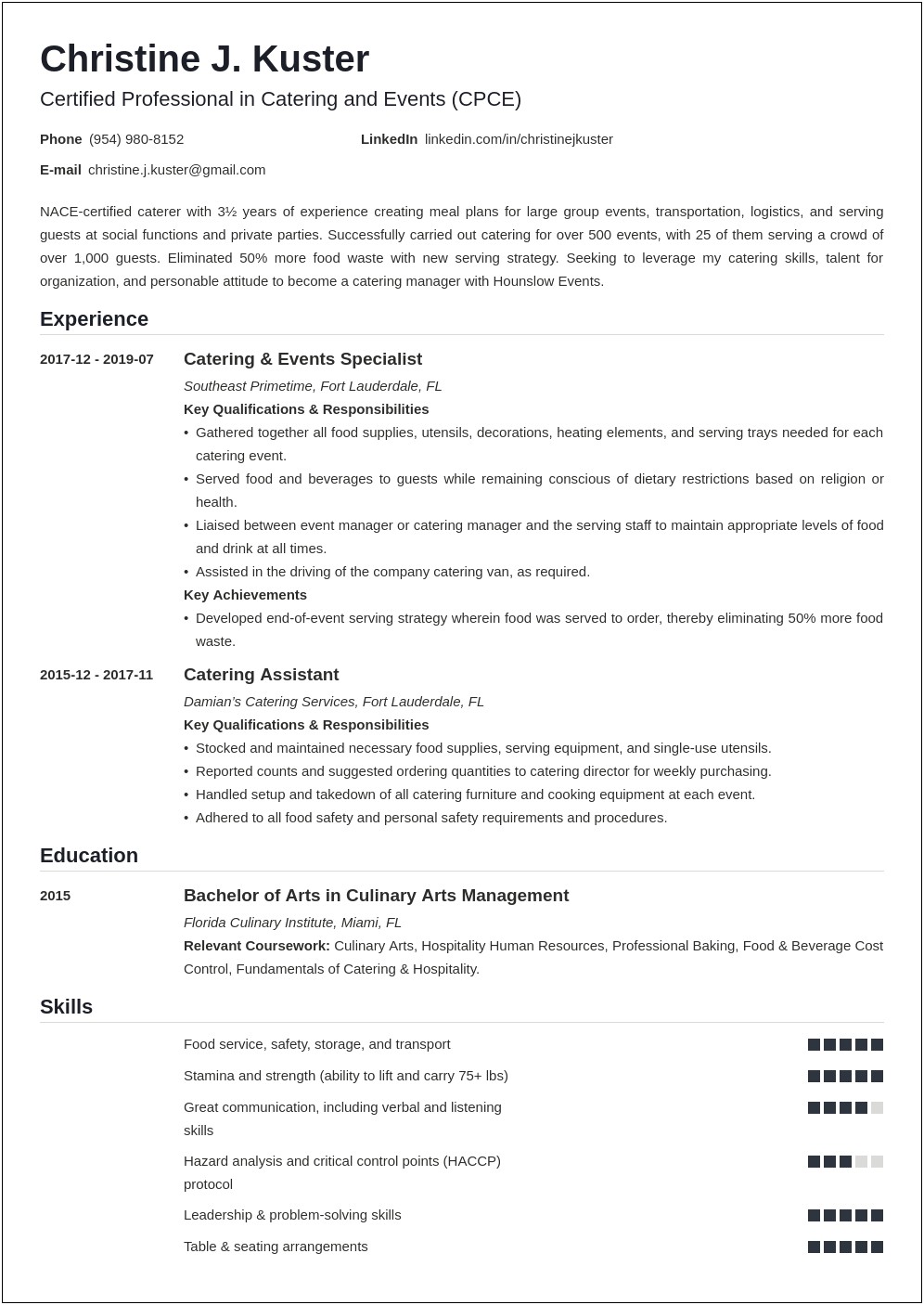 Catering Job In Hospital Description Resume