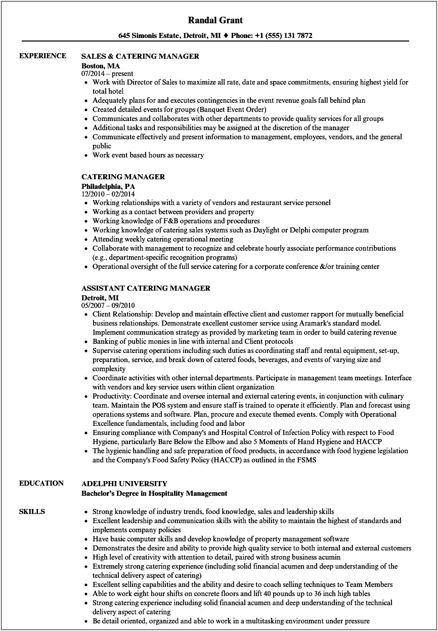 Catering Sales Manager Job Description For Resume
