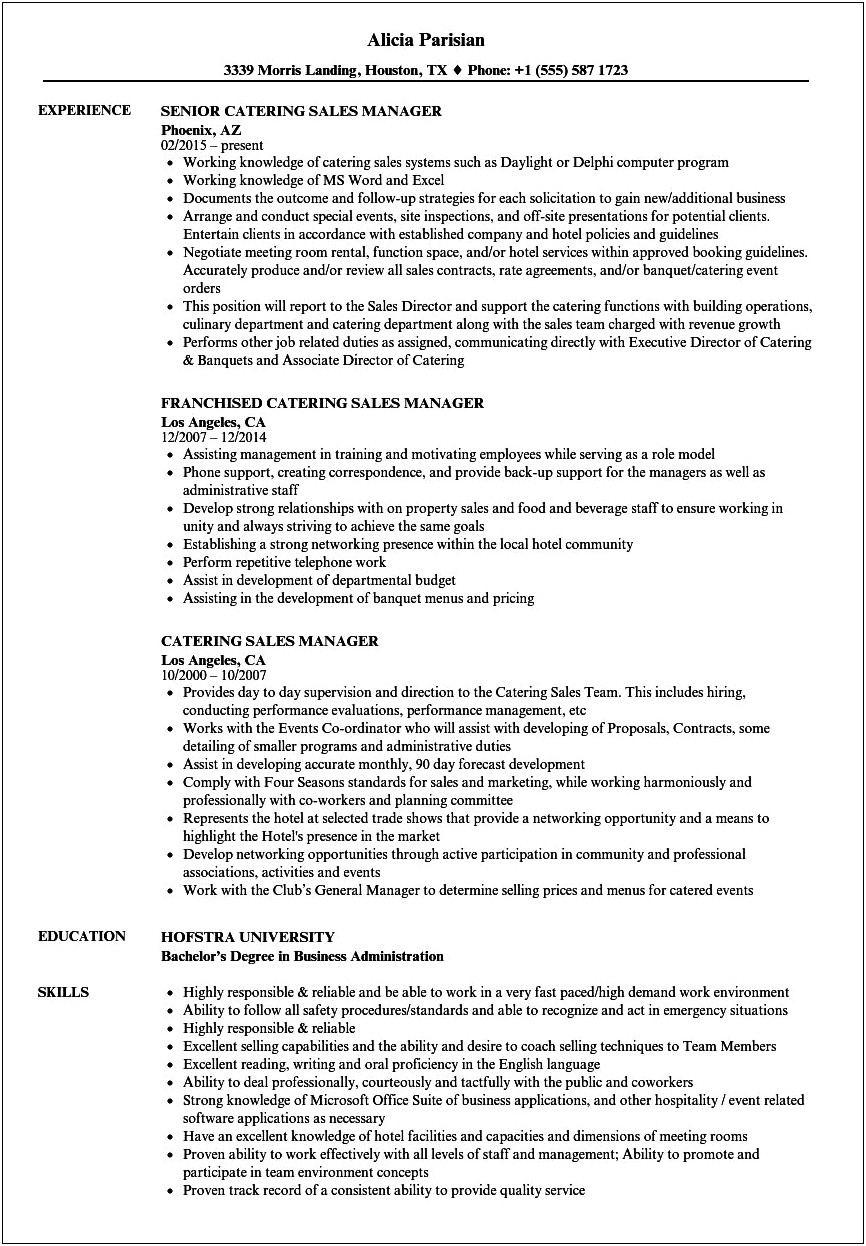 Catering Supervisor Job Description For Resume