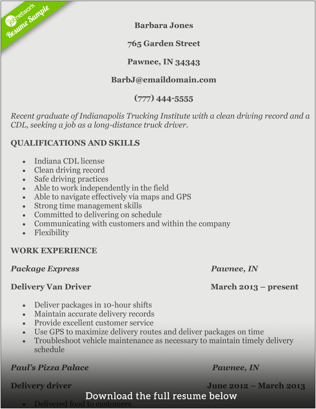 Cdl A Truck Driver Resume.job Description