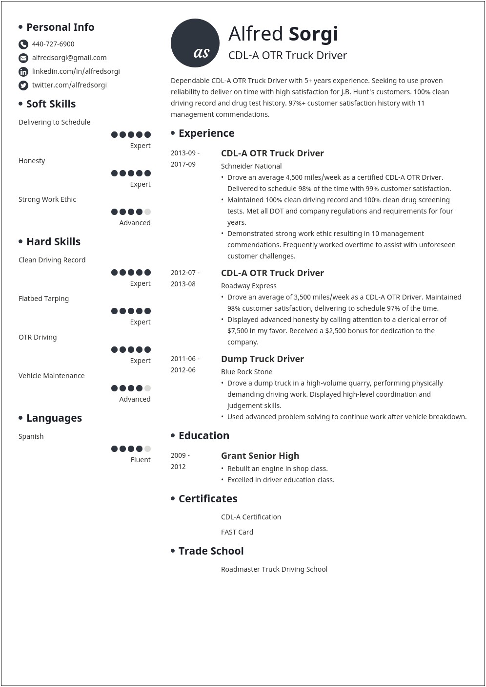 Cdl Owner Operator Job Description Resume