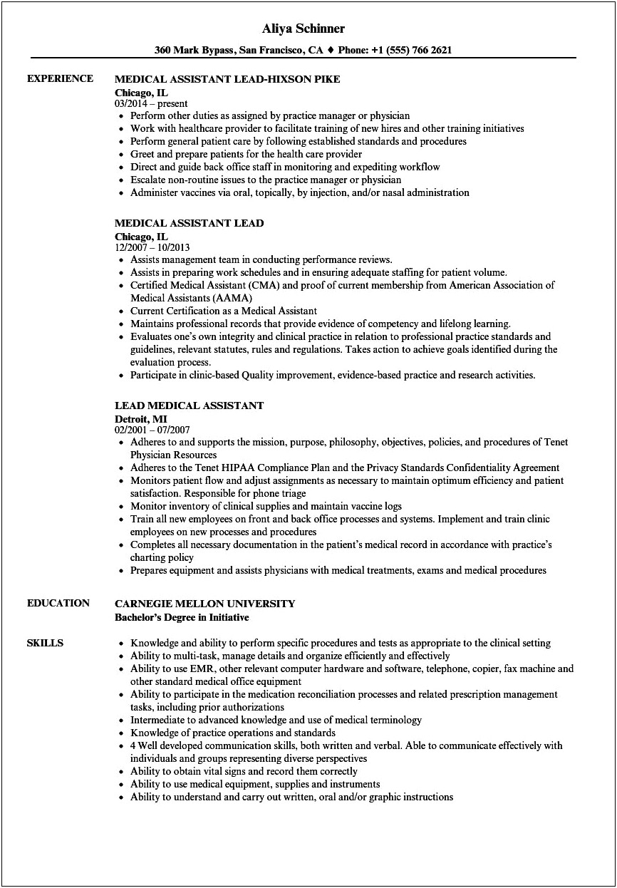 Certified Medical Assistant Resume Job Duties