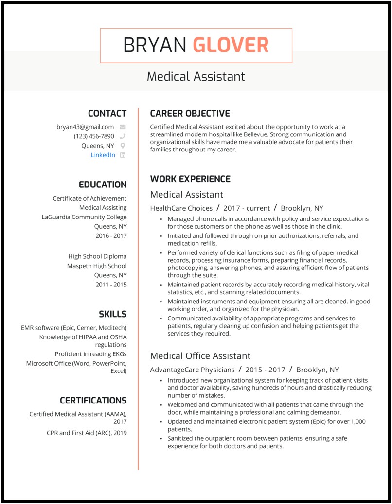 Certified Medical Assistant Resume Skills Example