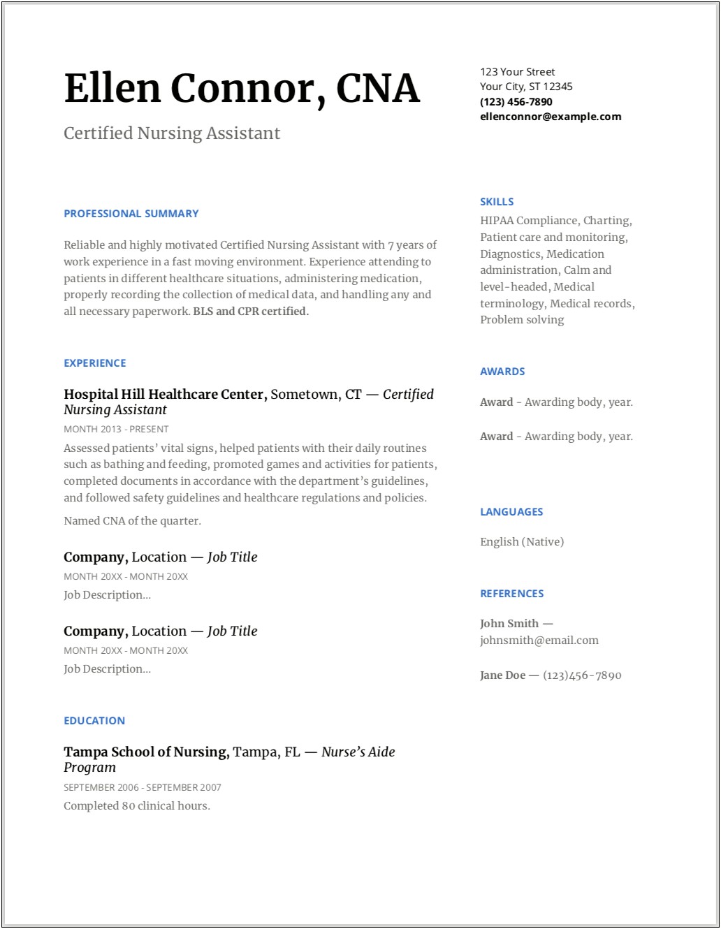 Certified Nursing Aide Skills For Resume