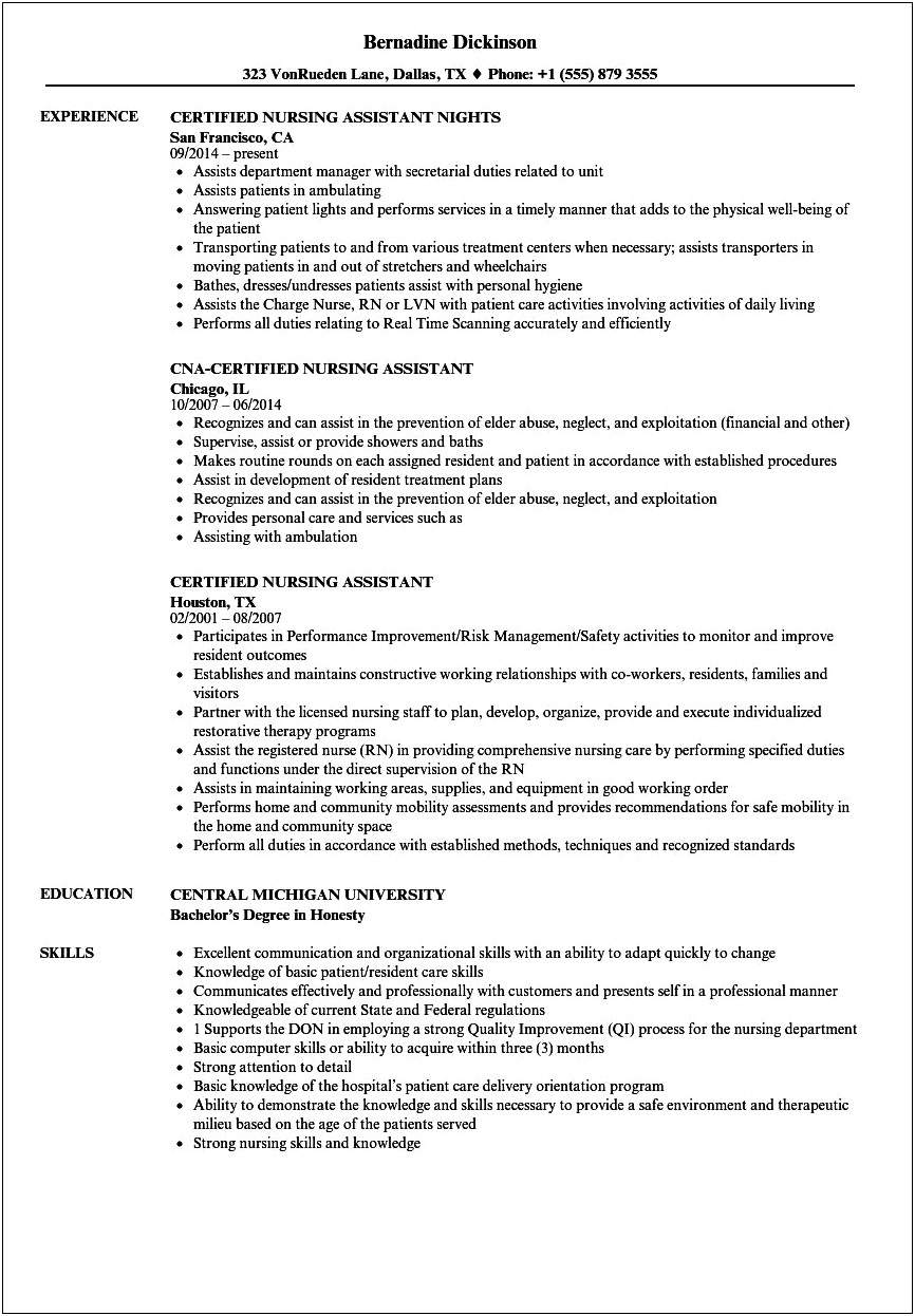 Certified Nursing Assistant Resume Sample With Experience