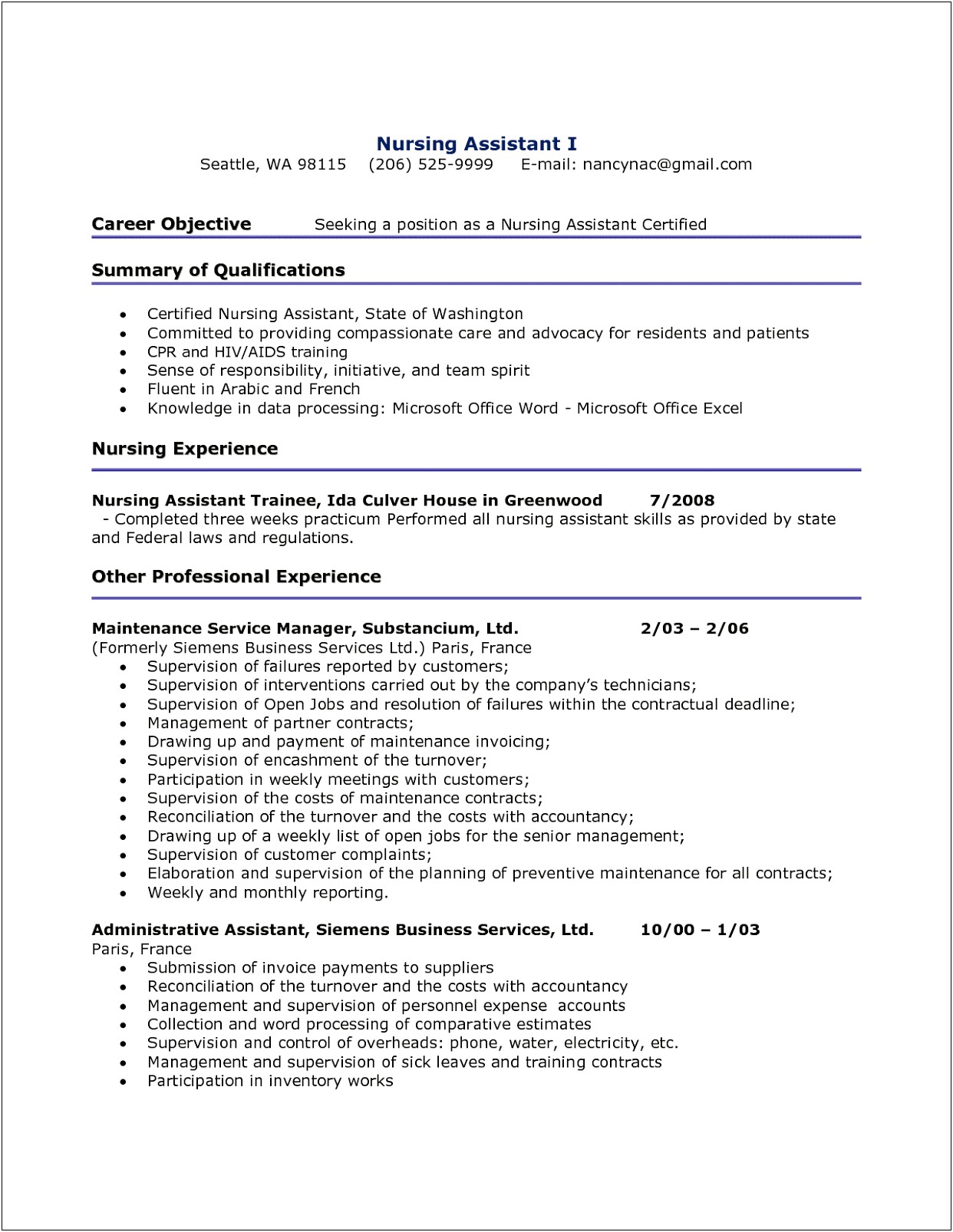 Certified Nursing Assistant Resume With Experience