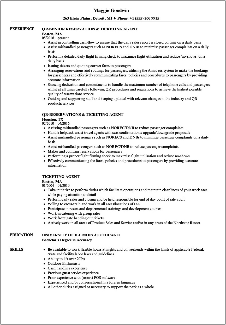 Check In Agent Job Description For Resume