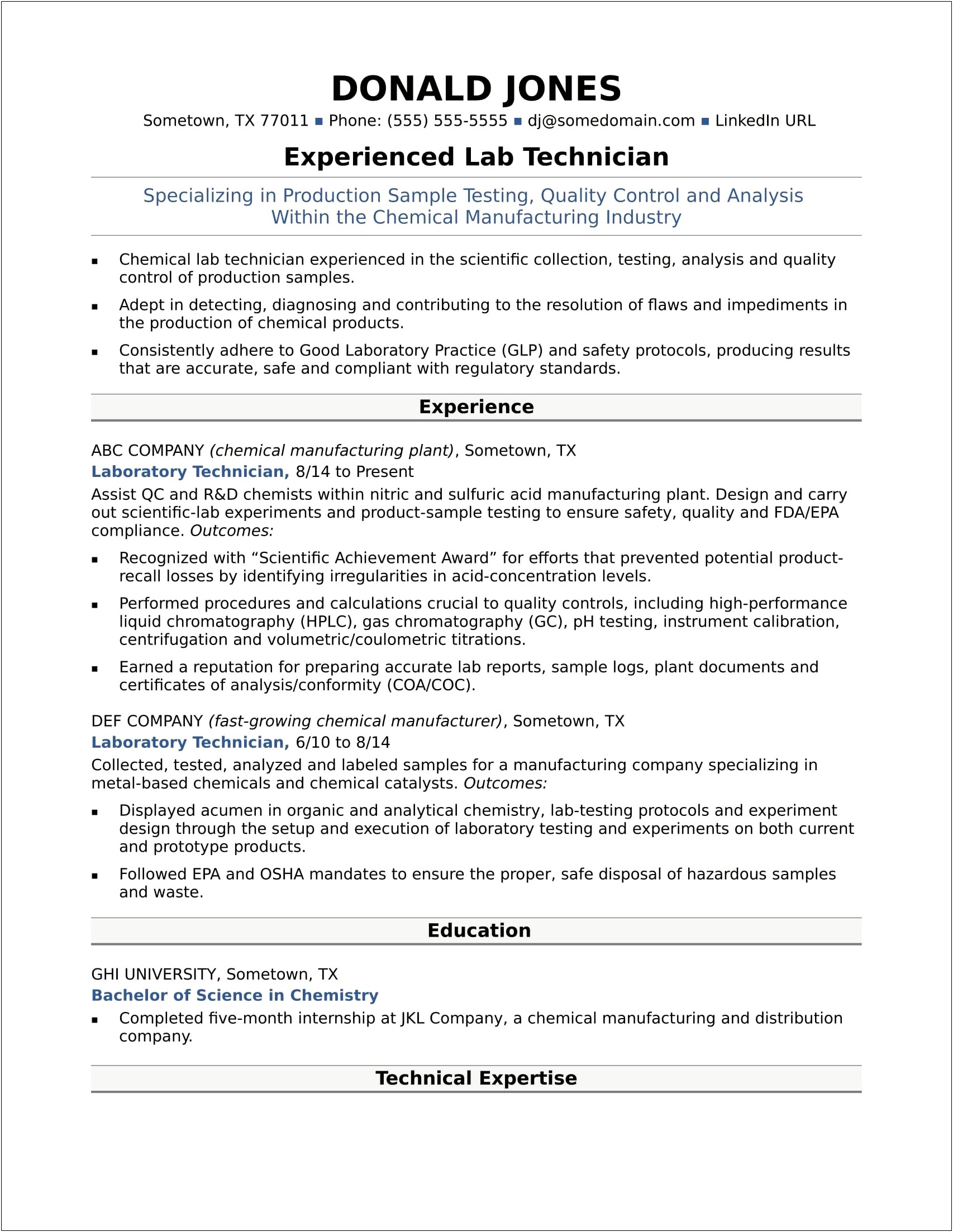 Chemical Engineer Resume With Lab Experience