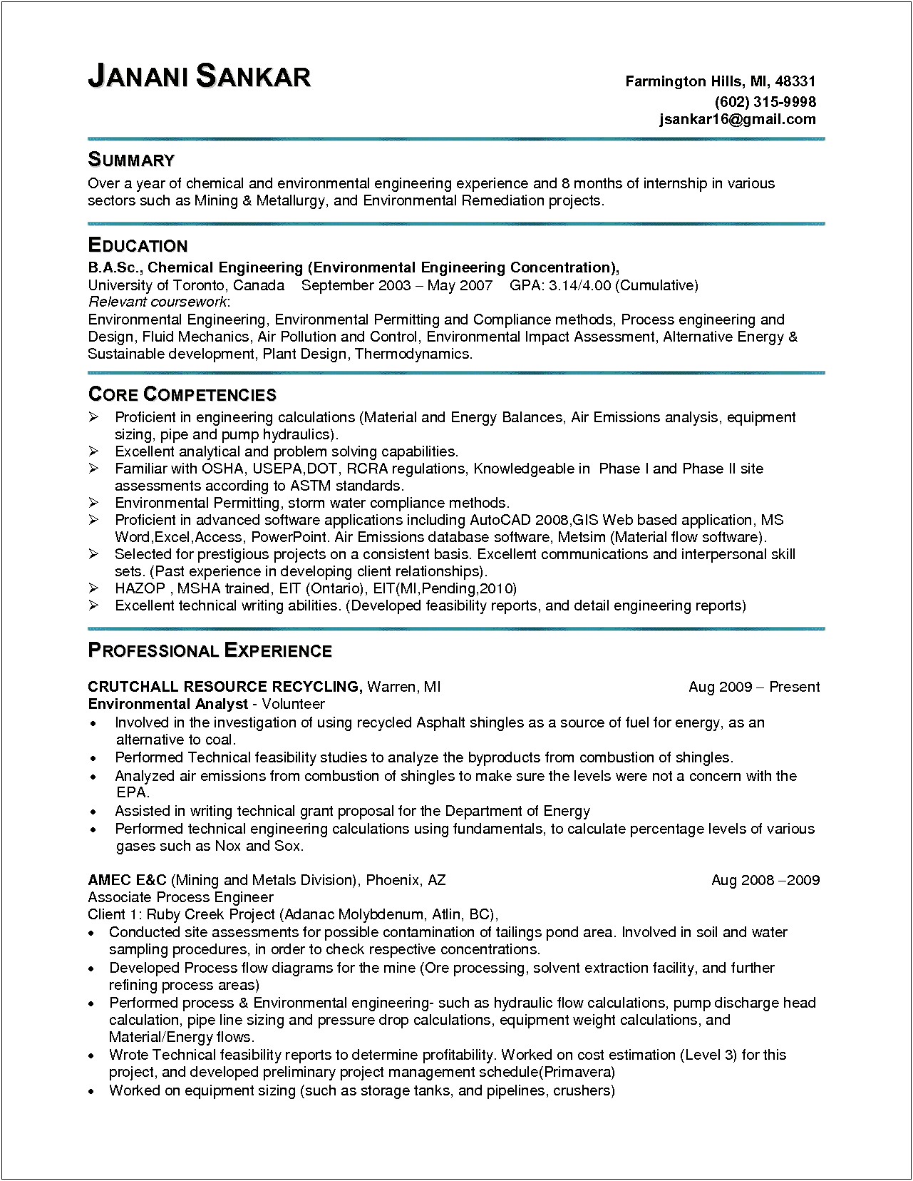 Chemical Engineering Student Resume Objective Example
