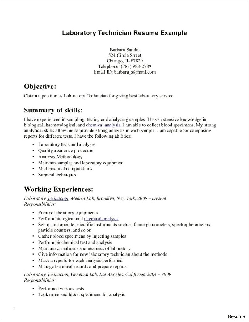 Chemical Lab Technician Job Description Resume