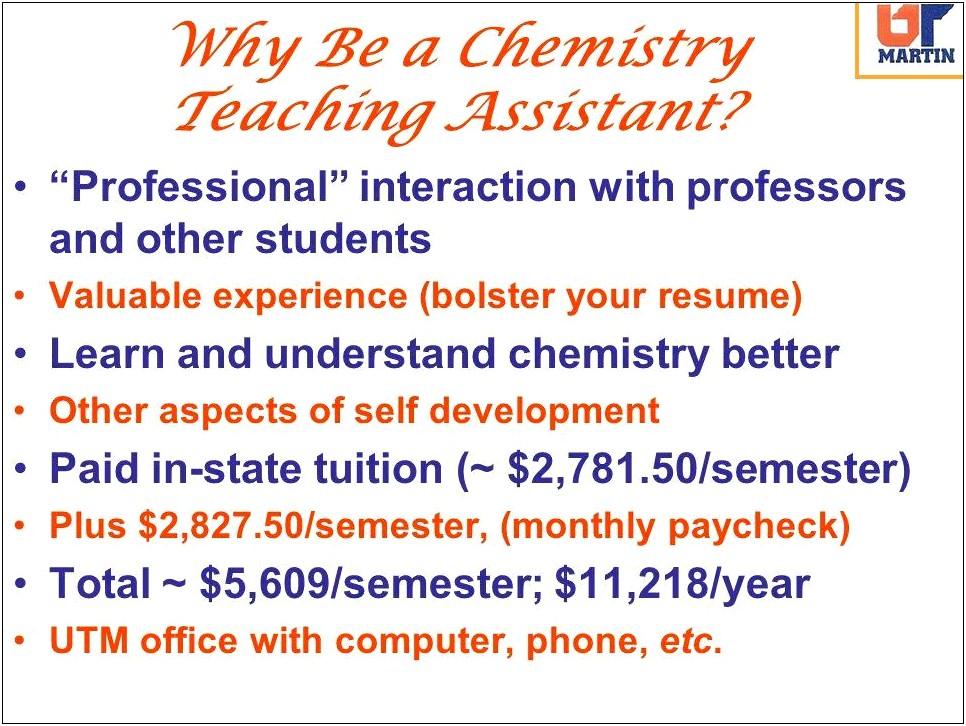 Chemist Teaching Assistant Experience On Resume Description