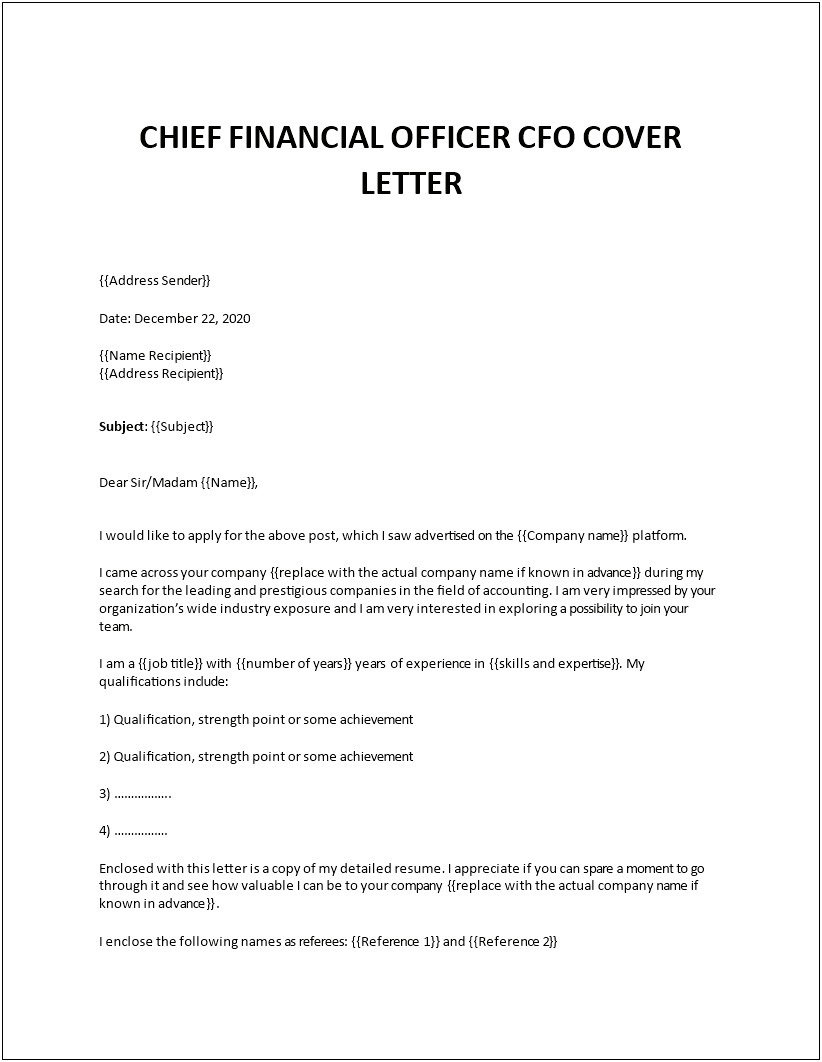 Chief Financial Officer Resume Cover Letter