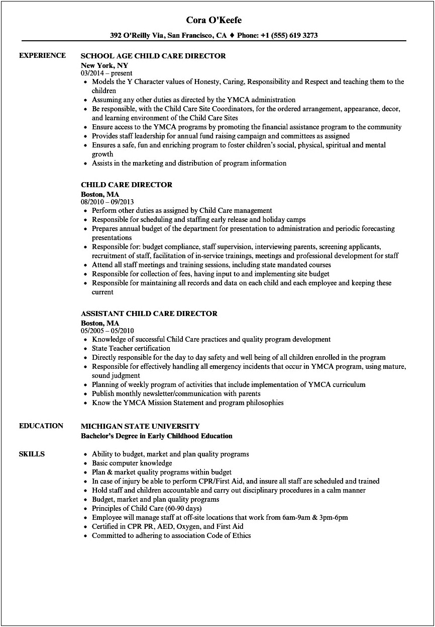 Child Care Assistant Director Resume Sample