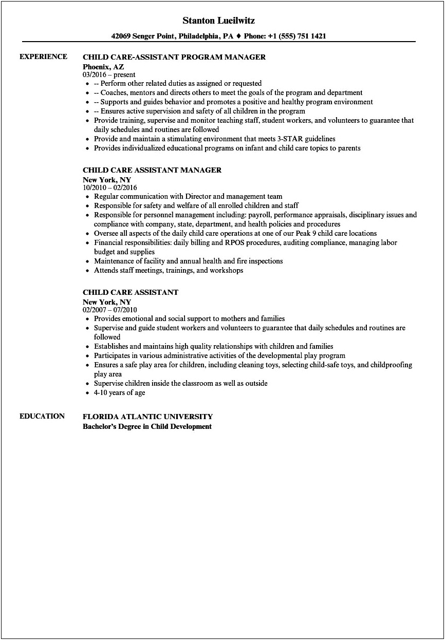 Child Care Worker Job Description Resume