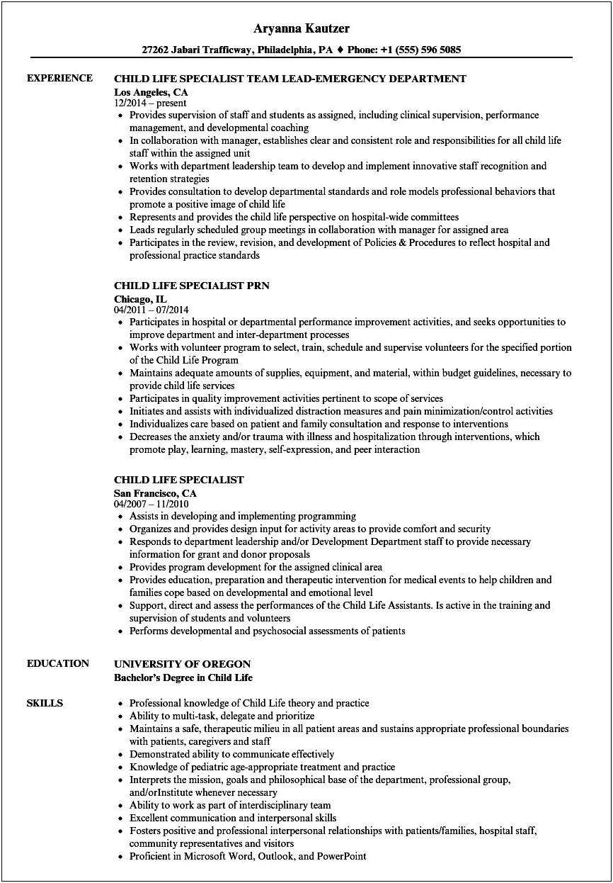Child Life Specialist Resume Objective Examples
