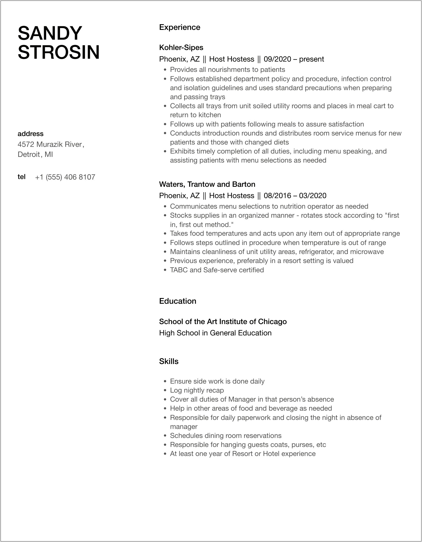 Chili's Hostess Job Description Resume