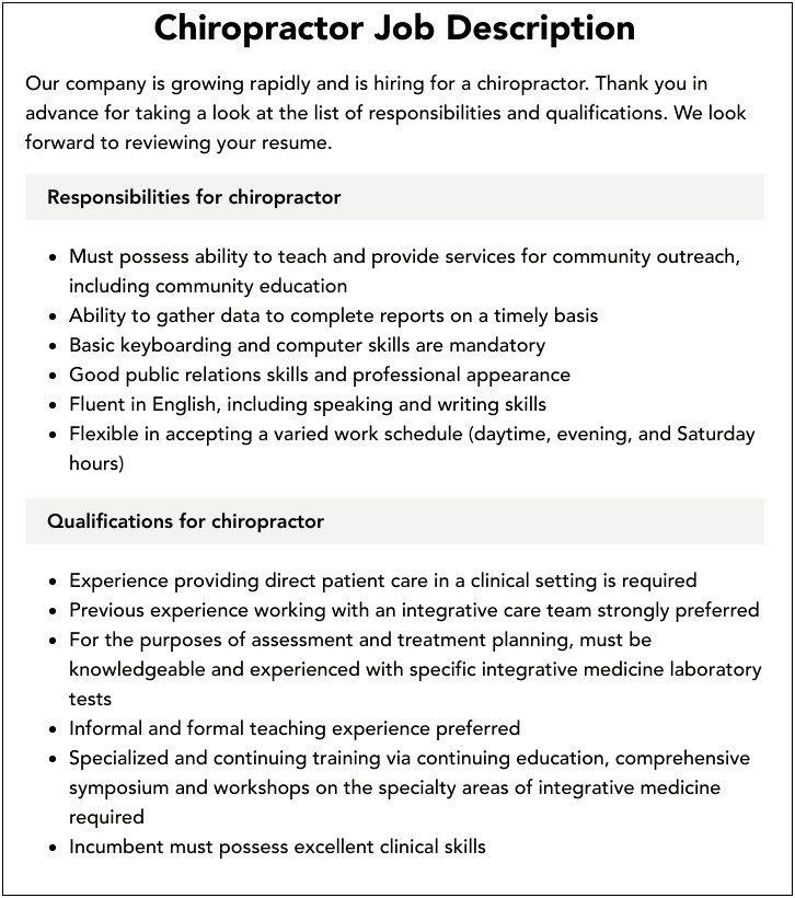 Chiropractic Business Owner Job Description For Resume