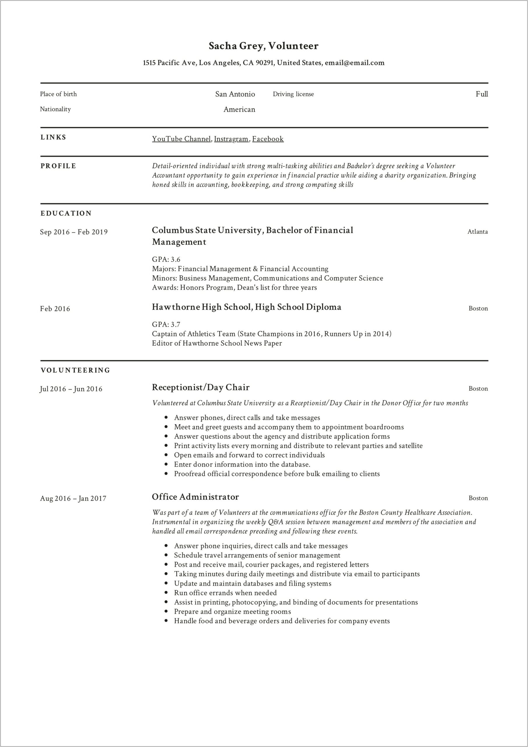 Chronological Resume Format With Volunteer Experience