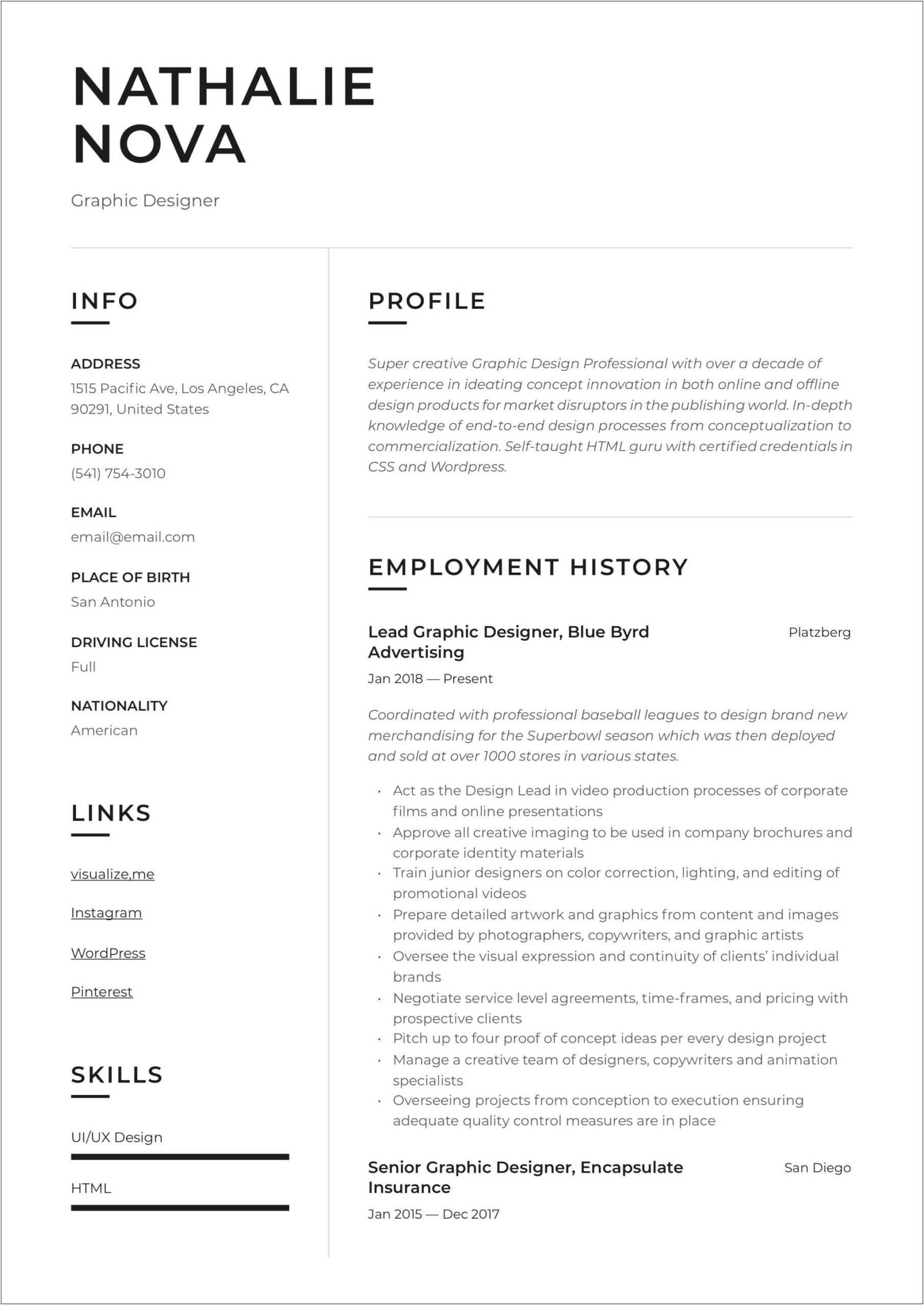 Chronological Resume Graphic Designer Experience Text