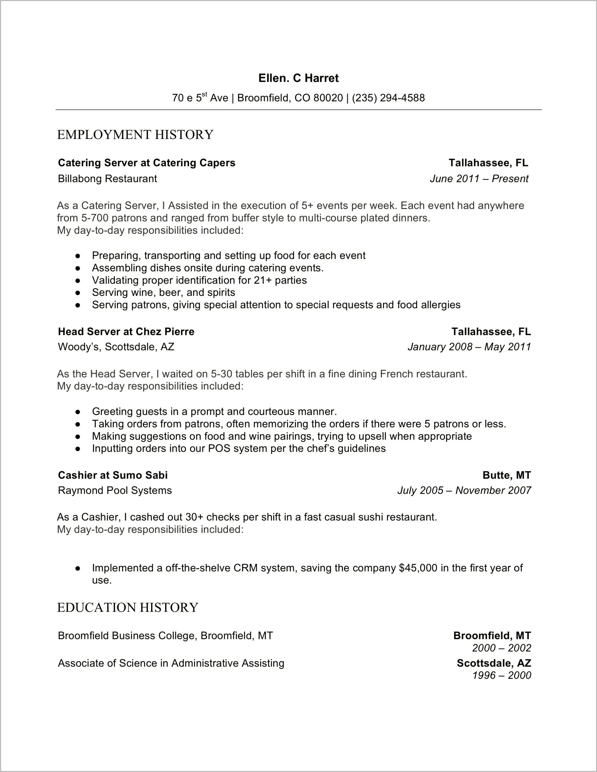 Chronological Resume Sample For College Student
