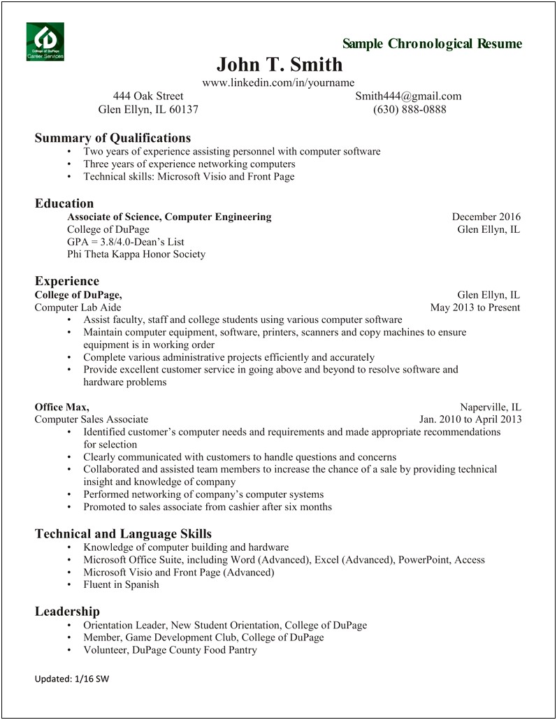 Chronological Resume Sample For College Students