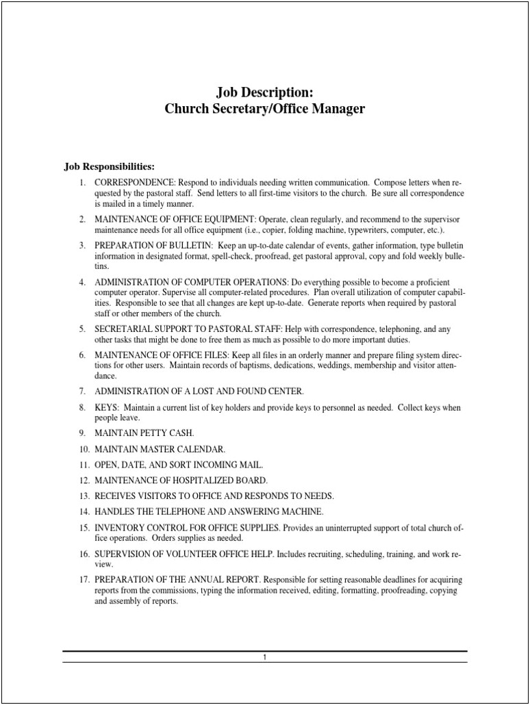 Church Secretary Job Description For Resume