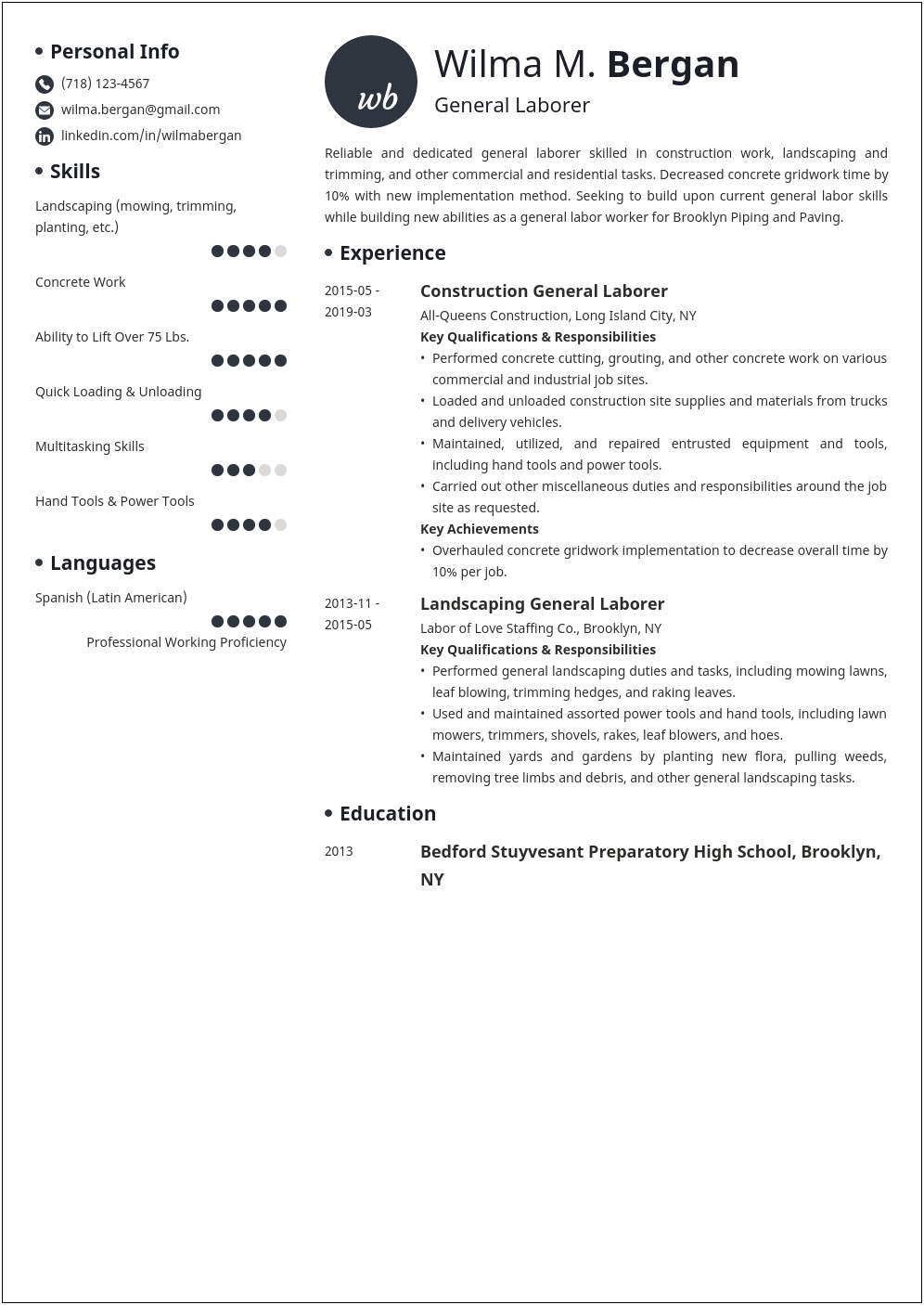 City Public Works Laborer Resume Examples