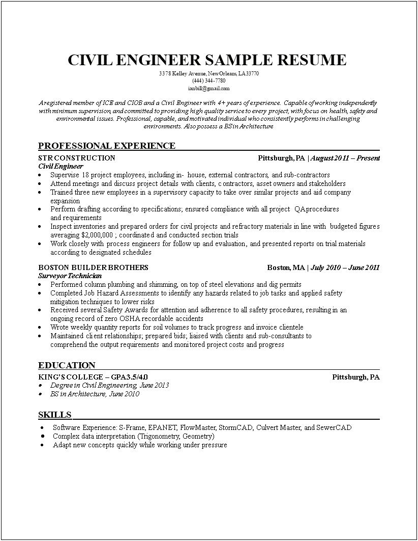Civil Engineer Resume Download In Word Format