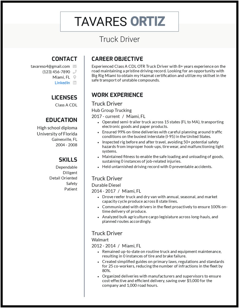Class One Owner Operator Resume Sample