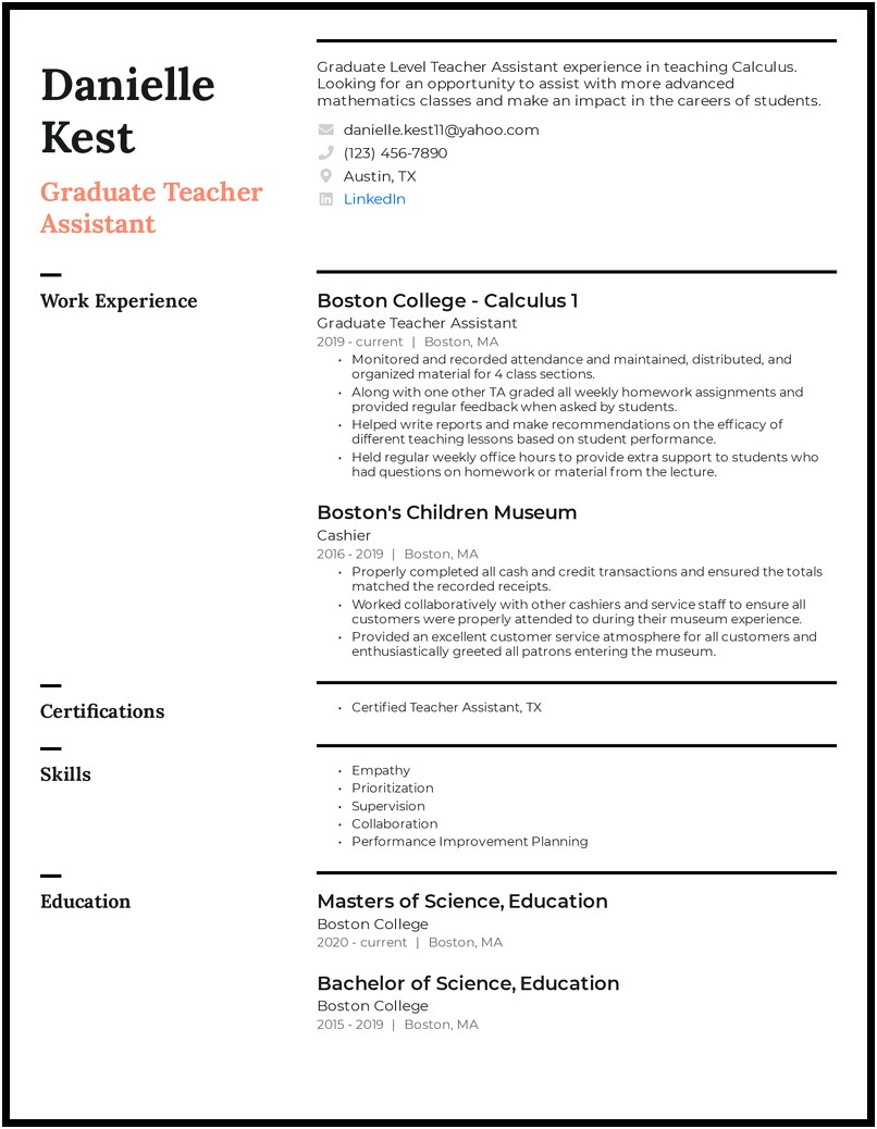 Classroom Instructional Assistant Job Description For Resume