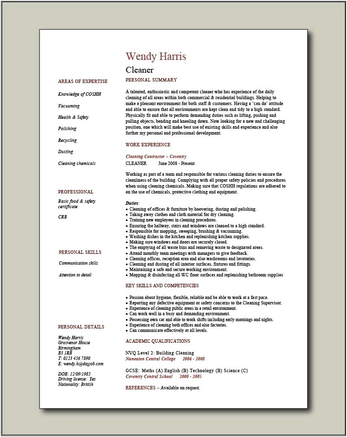 Cleaning Services Job Description For Resume