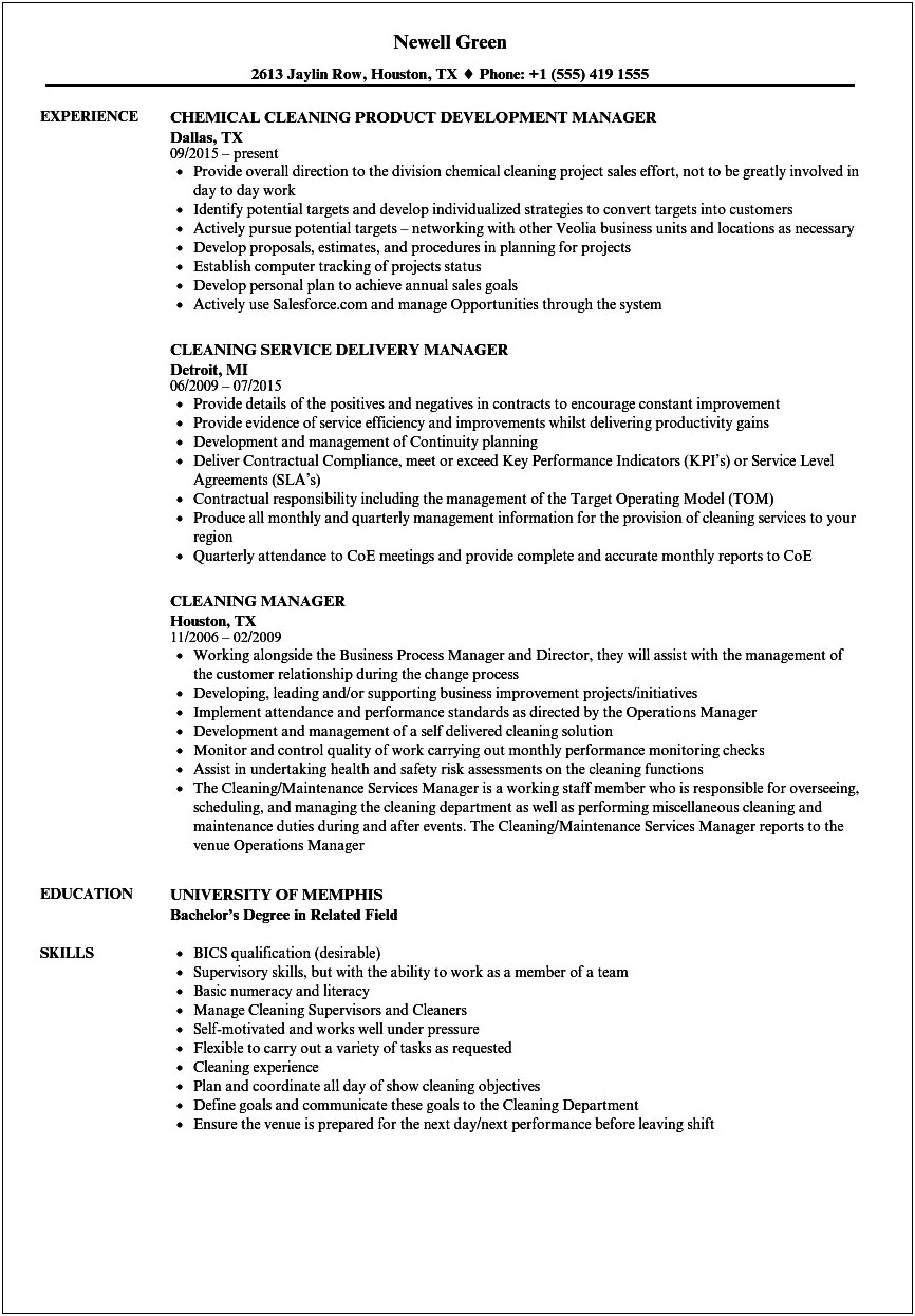 Cleaning Supervisor Job Description For Resume