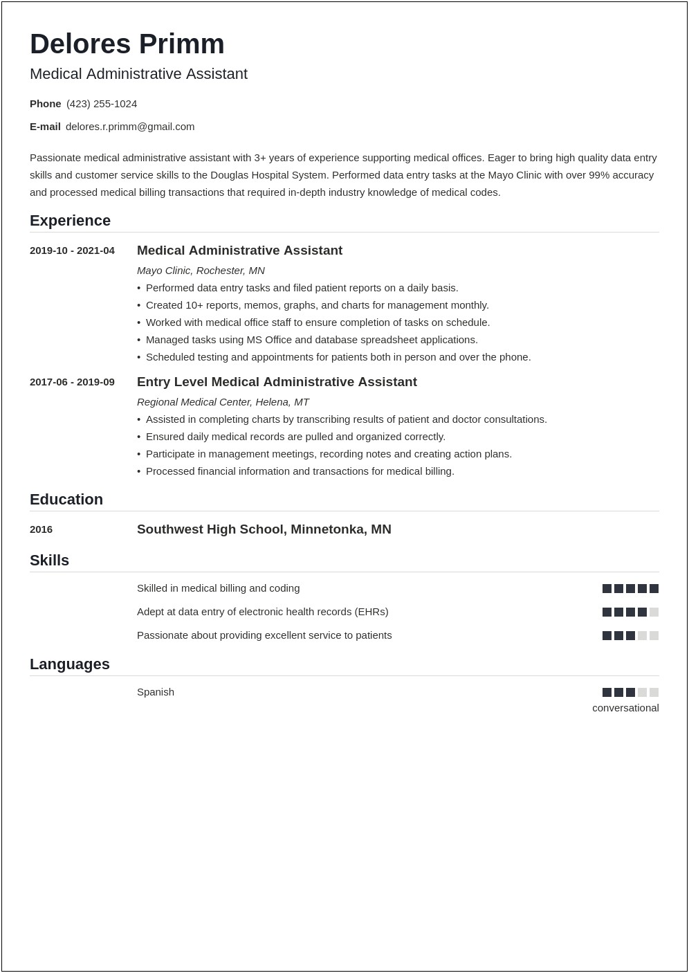 Clerical In A Hospital Resume Example