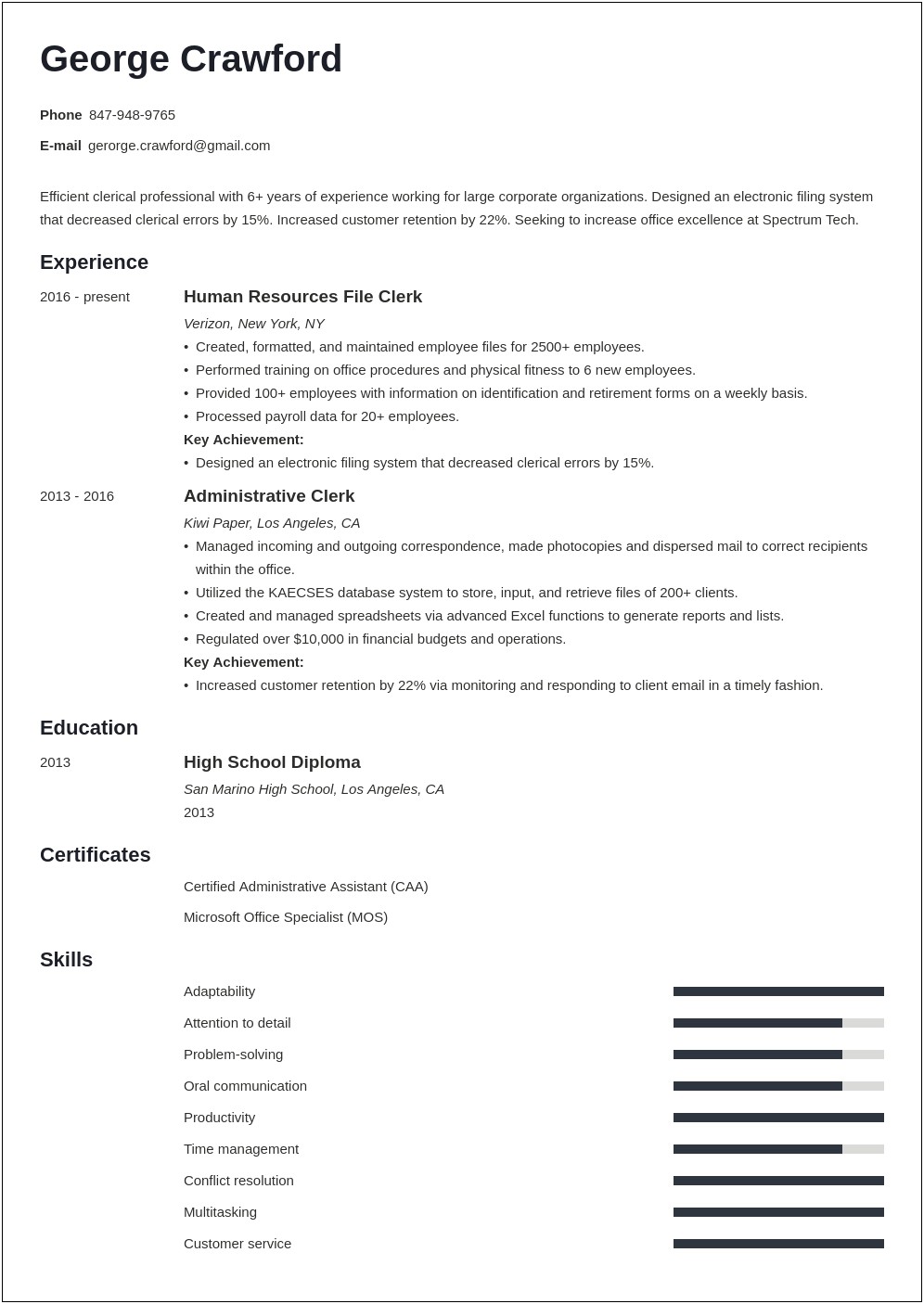 Clerical Staff Job Description For Resume